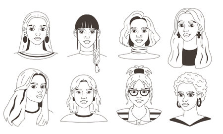 Set of sketch portraits of various young women. Avatars in doodle style for design. Collection of icons, black and white illustrations. Simple isolated vector of female faces.のイラスト素材