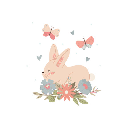 Cute minimalistic bunny with flowers butterfly. Childish little baby rabbit for design and kids print on t-shirt. Simple vector illustration.のイラスト素材