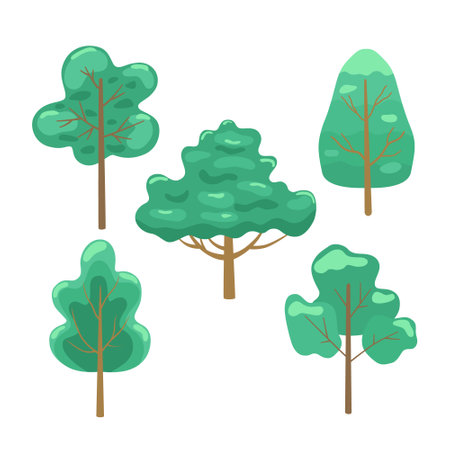 Cartoon simple flat trees set. Bright vector illustration for design.のイラスト素材