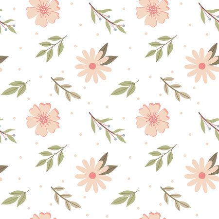 Seamless pattern with pastel pink flowers and twigs on white background. Simple plants, childrens drawing for design and textiles.のイラスト素材