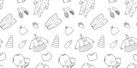 Horizontal seamless pattern with doodle outline of baby clothes and newborn accessories. Minimalistic vector illustration of the background for the websiteのイラスト素材