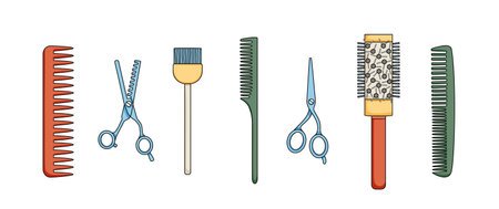 Set of tools for hairdressers. Accessories for hair salon and barber shop scissors combsのイラスト素材