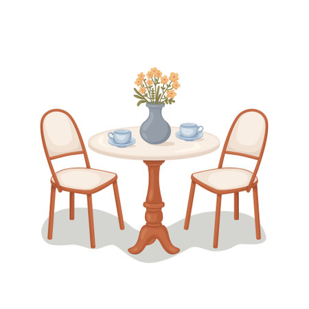 Cartoon furniture of summer cafe. Two cups of tea and bouquet of flowers on round table next to two chairs. Romantic vector illustrationのイラスト素材
