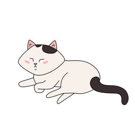 Doodle cute white cat with black tail lying down. Simple funny vector illustration isolated.のイラスト素材