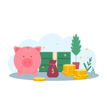 Concept of money accumulation and financial well being. Simple flat vector illustration with piggy bank and coins for designのイラスト素材