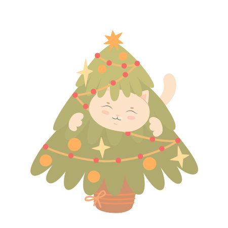 Cute funny cat in the Christmas tree. Vector flat illustration for greeting card, design, poster or design.のイラスト素材
