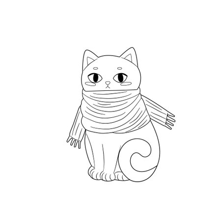 Cute coloring book with cat inbig scarf. Winter vector illustration for childrenのイラスト素材