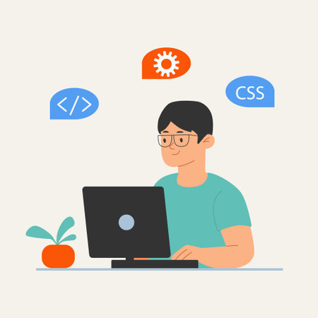 Flat illustration of male programmer coding at desk with CSS icons. Perfect for tech blogs,...
