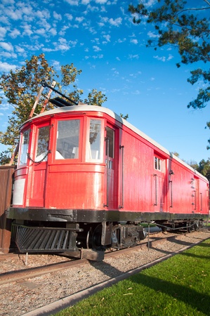 Old style red wagon train displayed for the publicのeditorial素材