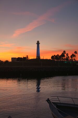 Long Beach marina lighthouse under a bright blue skyの写真素材