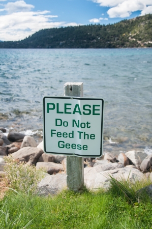 Do not feed the geese sign on outdoor park by the lakeの写真素材