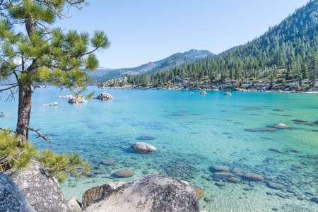 Beautiful blue clear water on the shore of the lake Tahoeの写真素材