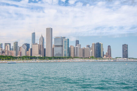 Downtown Chicago buildings viewed from the lake during sundownのeditorial素材