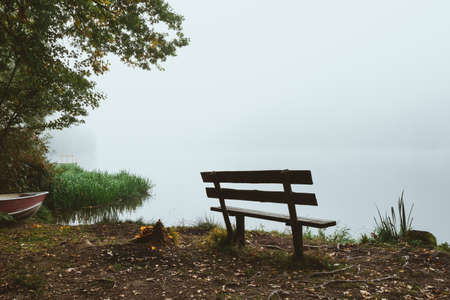 Old Bench on the shore at a lake with fog in the autumn and trees and leaves on the ground in the bavarian forestの写真素材