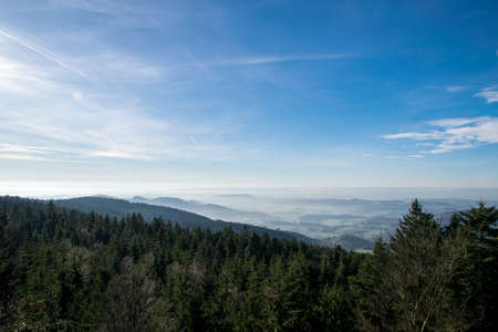 View in a valley from top of a mountain on a sunny day in the bavarian forestの写真素材