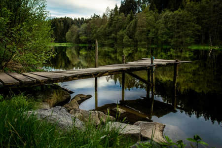 Footbridge on a lake in the bavarian forestの写真素材