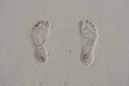Footprints at the maldives in the white beachの写真素材