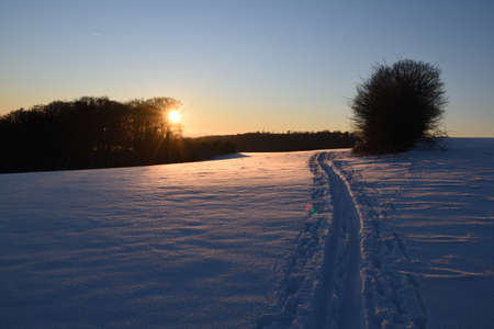 Atmospheric winter landscape during sunsetの写真素材