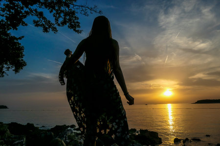 A girl in a maxi dress enjoying the sunset by a stony beach. The sun sets over the horizon. The sun beams reflecting in the calm sea waters. There is an island on the side.Trees growing on the shore.の写真素材