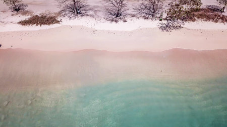 An idyllic Pink Beach on Lombok, Indonesia. Sea is calm, shining with many shades of blue. Beauty in...