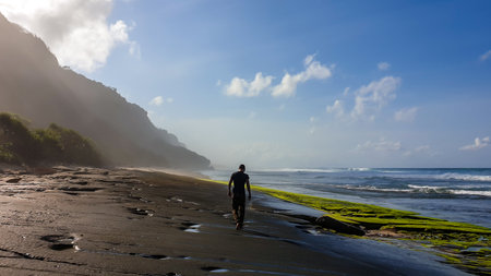 A man walking on a stony Nyang Nyang beach, covered with algae and seaweed, Bali, Indonesia. There are cliff on the side. Black lava beach. Discovering and exploring new places. Clear day.の写真素材