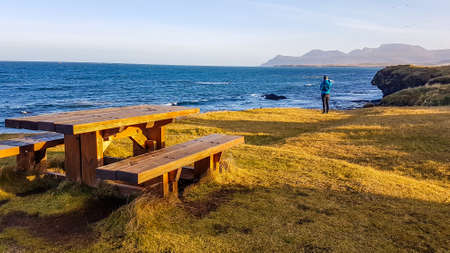 A resting bench situated at the shore of a steep cliff, overgrown with grass. In the back a young...