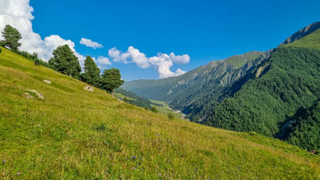 A panoramic view on high Caucasus mountains in Georgia. There are high, snowcapped peaks in the...