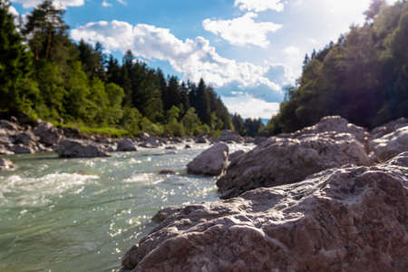 River Gail flowing through the Schuett in the natural park Dobratsch in Villach, Carinthia, Austria....