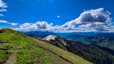 Panoramic view from Frauenkogel on mountain peaks in the Karawanks and Julian Alps, Carinthia,...