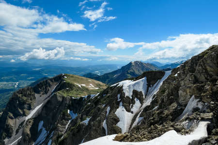 Rock formations with scenic view in spring near Frauenkogel on Rosental in the Karawanks, Carinthia,...