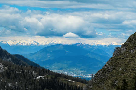 Mountain peak of Hahnkogel (Klek) with panoramic view in spring on the Karawanks, Carinthia,...