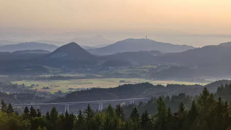Scenic morning view from Ferlacher Spitze on Pyramidenkogel and Kathreinkogel in the Karawanks in...