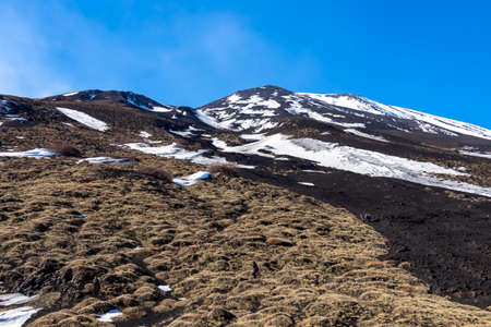 Yellow golden dry grass on brown dark volcanic sand, bare terrain. Scenic view on volcano mount Etna, in Sicily, Italy, Europe. Solidified lava, ash and pumice on its slopes of snow covered cratersの写真素材