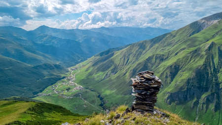 Aerial view on the mountain village Ushguli, near the Shkhara Glacier in the Greater Caucasus...