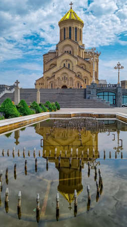 Front view of the Holy Trinity Cathedral (or Tsminda Sameda Cathedral) of Tbilisi in Georgia.There...