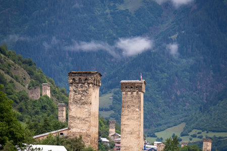 Panoramic view on the Svan towers in Mestia, a highland townlet, located in the High Caucasus,...