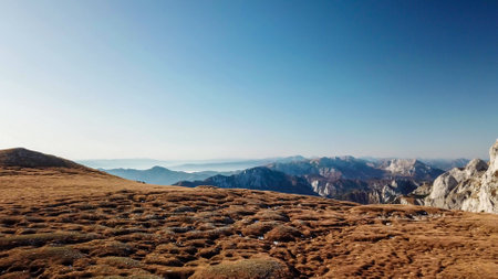 A panoramic view on the plain on top of a mountain in Hochschwab region in Austrian Alps. The flora...