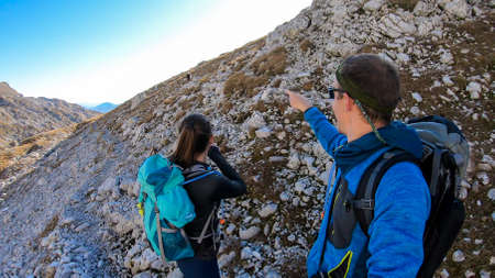 A couple hiking in Hochschwab region in Austrian Alps along with a wild mountain goat. The flora...