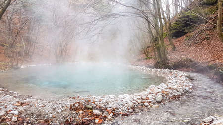 A natural thermic spring in Maibachl, Austria during autumn. The thermic pool is located in the middle of the forest. Healing power of natural water. The steam rises above the water. Relaxationの写真素材