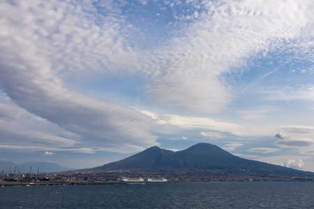 Panoramic view from Castel dell Ovo (Egg Castle) on volcano Mount Vesuvius in Naples, Campania,...