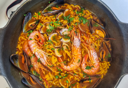 Close up view of home made fadeua paella in a local restaurant in Puerto de la Cruz, Tenerife, Canary Islands, Spain, Europe. House speciality in gourmet restaurant. King prawns, mussels in black panの写真素材