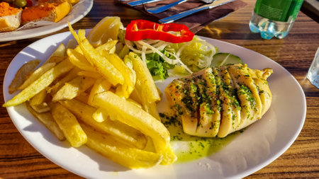 Grilled octopus in olive oil sauce with herbs. French fries and mixed salat on the side. Eating in a traditional local restaurant in Santiago del Teide, Tenerife, Canary Islands, Spain, Europeの写真素材