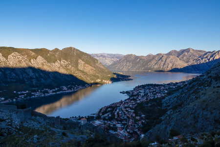Panoramic view of the bay of Kotor during sunrise in summer, Adriatic Mediterranean Sea, Montenegro,...