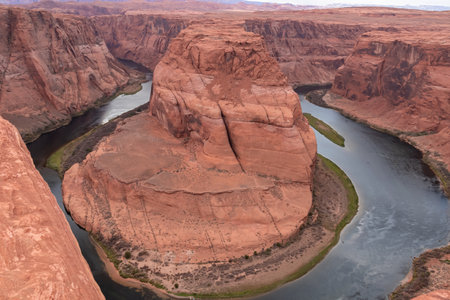 Panoramic aerial view of Horseshoe bend on the Colorado river near Page in summer, Arizona, USA United States of America. Incised intrenched meanders of stream in Glen Canyon National Recreation Areaの写真素材