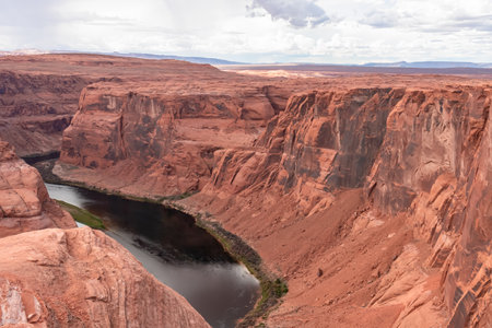 Panoramic aerial view of Horseshoe bend on the Colorado river near Page in summer, Arizona, USA United States of America. Incised intrenched meanders of stream in Glen Canyon National Recreation Areaの写真素材