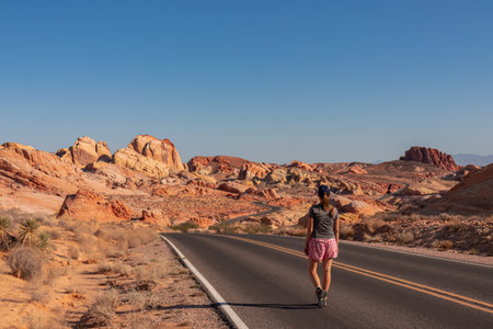 Woman standing on endless winding empty road in Valley of Fire State Park leading to red Aztec Sandstone Rock formations and desert vegetation in Mojave desert, Overton, Nevada, USA. Freedom road tripの写真素材