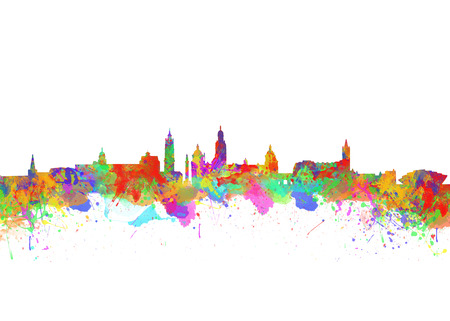 Glasgow Art Watercolor art print of the skyline of Glasgow, Scotland, United Kingdomの写真素材