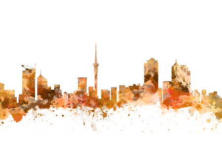 Watercolor art print of the Skyline of Auckland New Zealandの写真素材