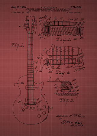 Les Paul  Guitar patent from 1955 inventor T. M. McCarty
Vintage patent artwork great presentation in both corporate and personal settings ie offices/ clubs/
restaurants/ Home etc.
Photograph - Patent Art - Fine Art Photograph Based On Original Patent Artのeditorial素材