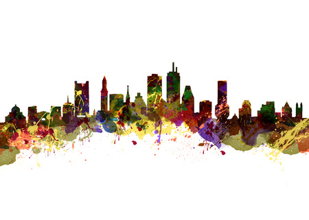 Watercolor art print of the Skyline of  Boston USAの写真素材